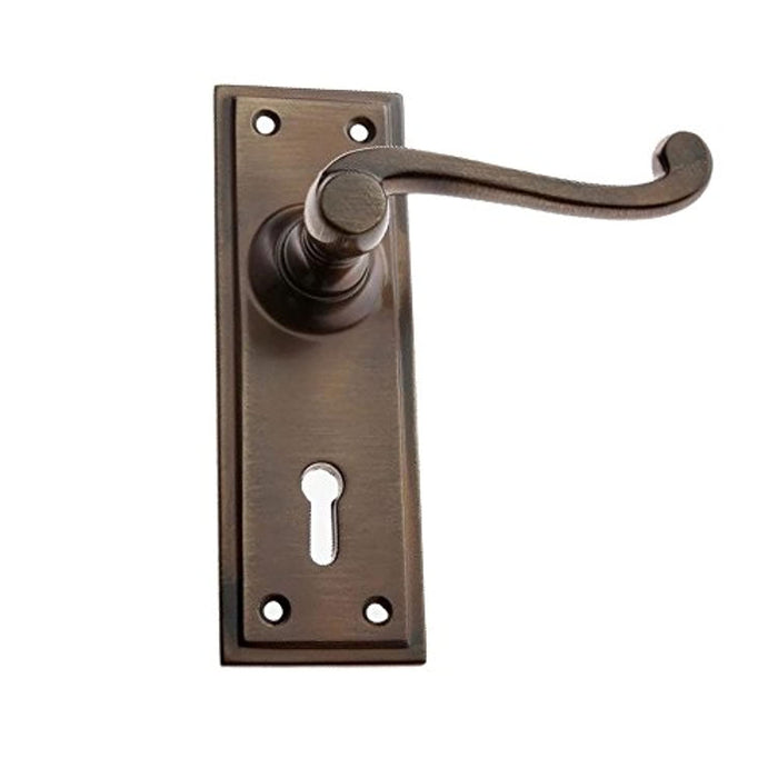 Tudor Door Handle on Backplate - Lockset - Antique Brass