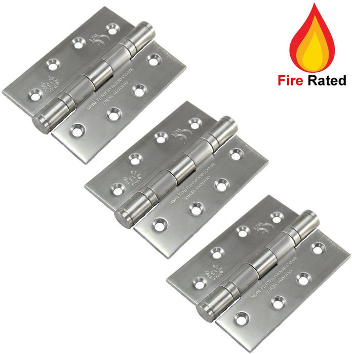 3 Pack of Grade 13 Fire Rated Ball Bearing Door Butt Hinges 4" 102mm - Stainless Steel